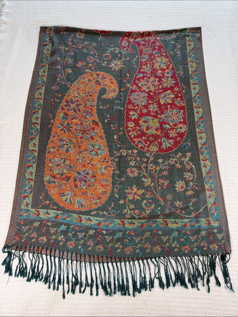 Teal, burgundy maroon and gold paisley print scarf/shawl pashmina